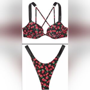 34D/M VS Swim Shine Strap Bombshell Bikini Top Thong Bikini Set Strawberry